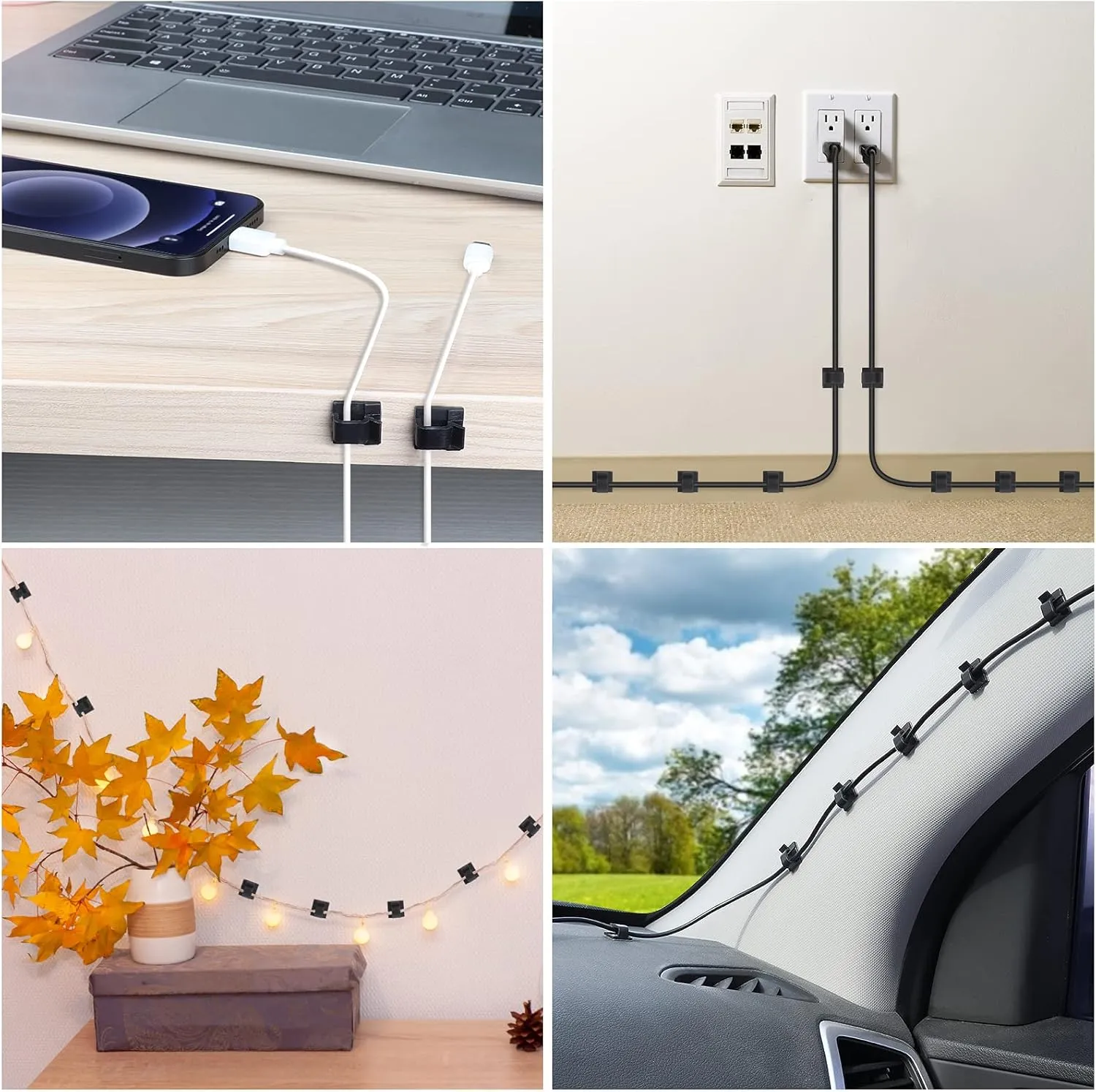 200 PCS Adhesive Cable Clips Black (Small & Large), Upgraded Wall Wire Holder for Cord Organizer Cable Management Under Desk, Outdoor Light Clips Hooks for LED, Car Dash Cam, HDMI, Extension Cord