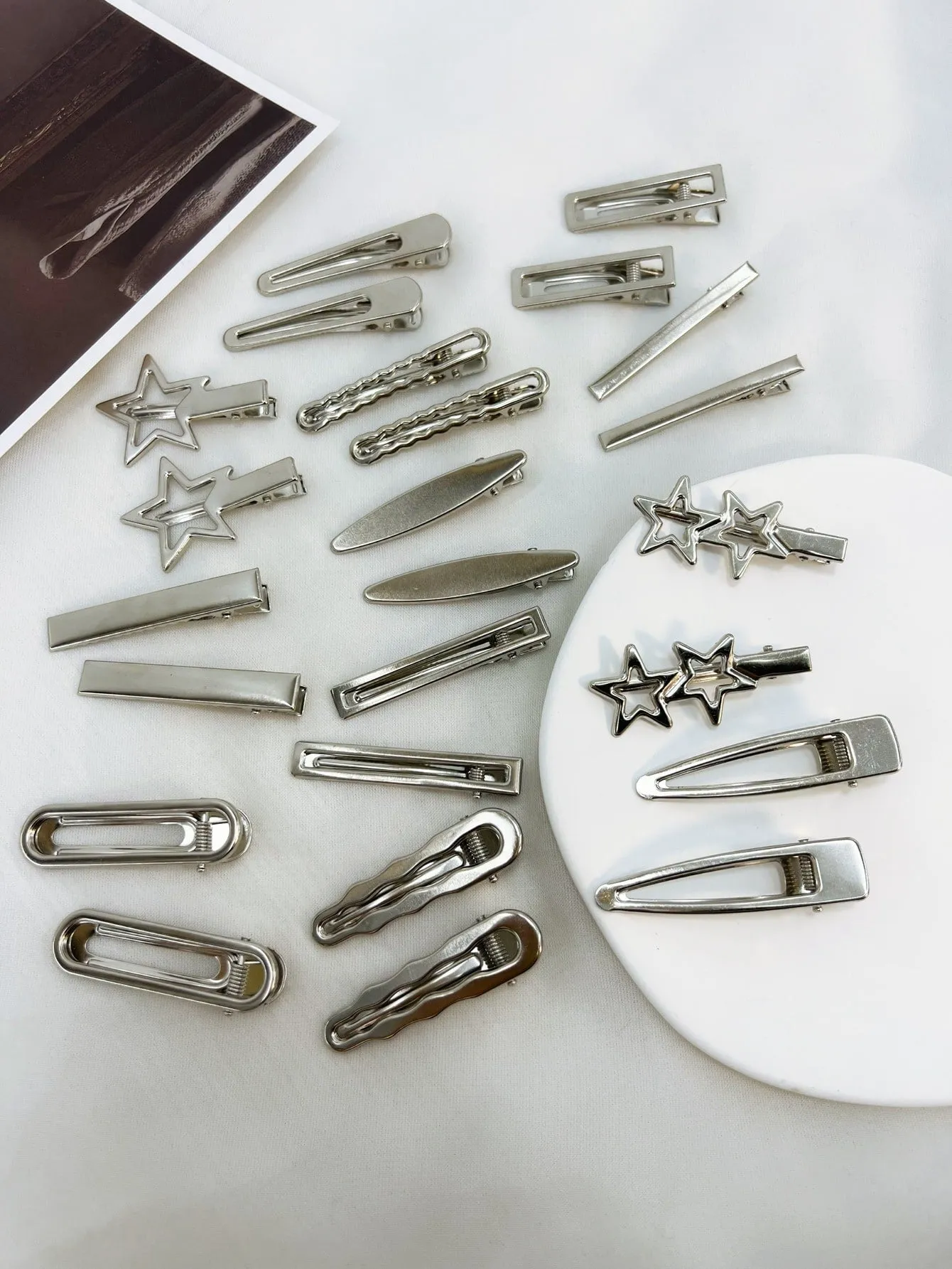 24pcs Women's Silver Tone Hair Clips With Star And Cloud Design