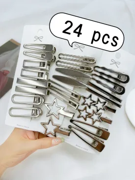 24pcs Women's Silver Tone Hair Clips With Star And Cloud Design
