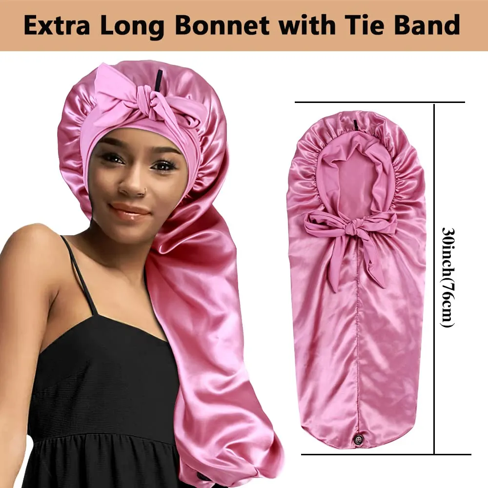 2pcs Long Satin Bonnets with Tie Band, Large Braid Bonnet Silky Hair Cap for Locs Women Sleeping, A