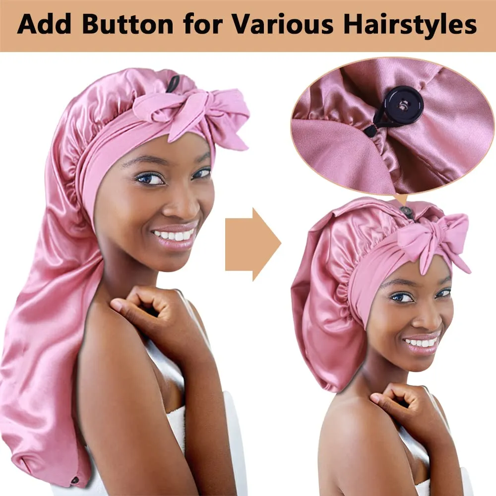 2pcs Long Satin Bonnets with Tie Band, Large Braid Bonnet Silky Hair Cap for Locs Women Sleeping, A