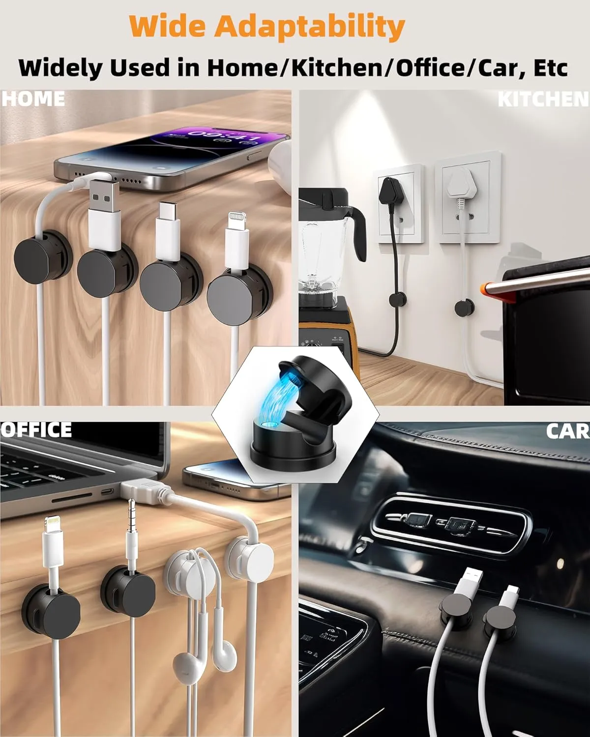 6 Pack Magnetic Cable Organizer, 360 Adjustable Cord Holder, No-Residue Nano Acrylic Adhesive Cord Clips Charger Cable Management for Office Home Desk Phone Car Wall Desktop Nightstand(Black)