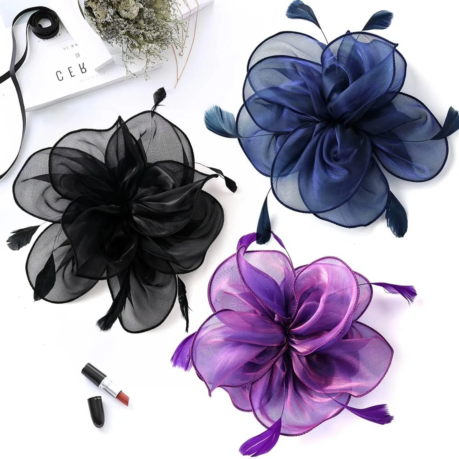 8 PCS Fascinators Hats for Women Tea Party Hat Wedding Mesh Ribbons Cocktail Fancy Flower Feathers Fascinator Clip