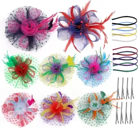 8 PCS Fascinators Hats for Women Tea Party Hat Wedding Mesh Ribbons Cocktail Fancy Flower Feathers Fascinator Clip