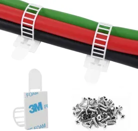 Adhesive Cable Management Clips, 50Pcs Adjustable Nylon Cable Strap Ties Wire Clips Clamps Organizer with Strong Adhesive Tape, Extra Screw & Hole for Strong Fixation Home Office - 3.35 Inch White