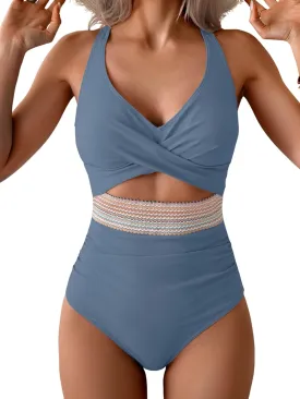 B2prity One Piece Swimsuit for Women Tummy Control V Neck Bathing Suit Color Block High Waisted Cutout Swimwear