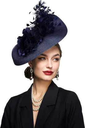 BABEYOND Tea Party Fascinator Hat for Women Kentucky Headwear Feather Derby Pillbox Wide Church Hat for Cocktail Wedding