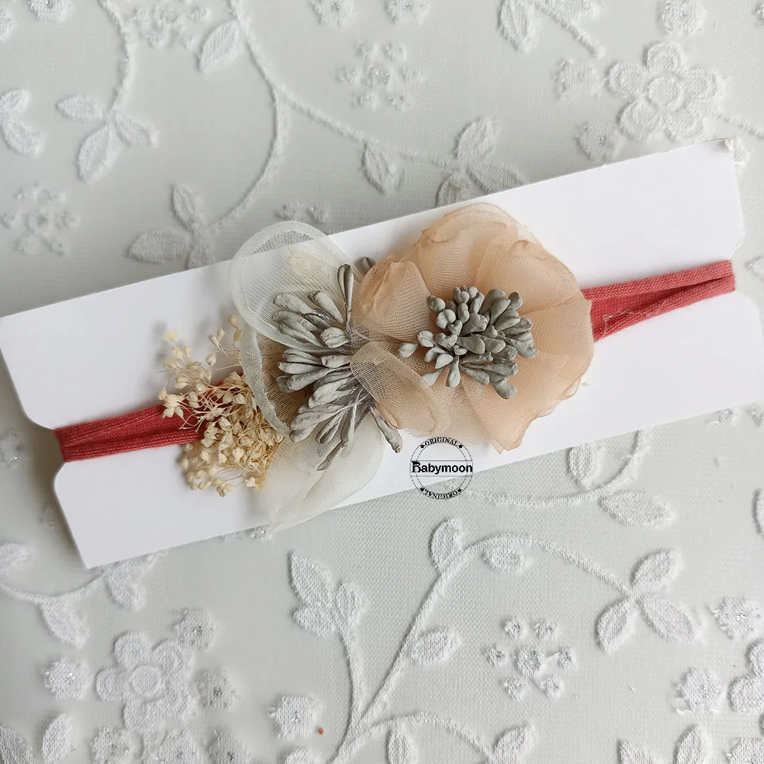 Babymoon Baby Designer Floral Headband - Peach Grey