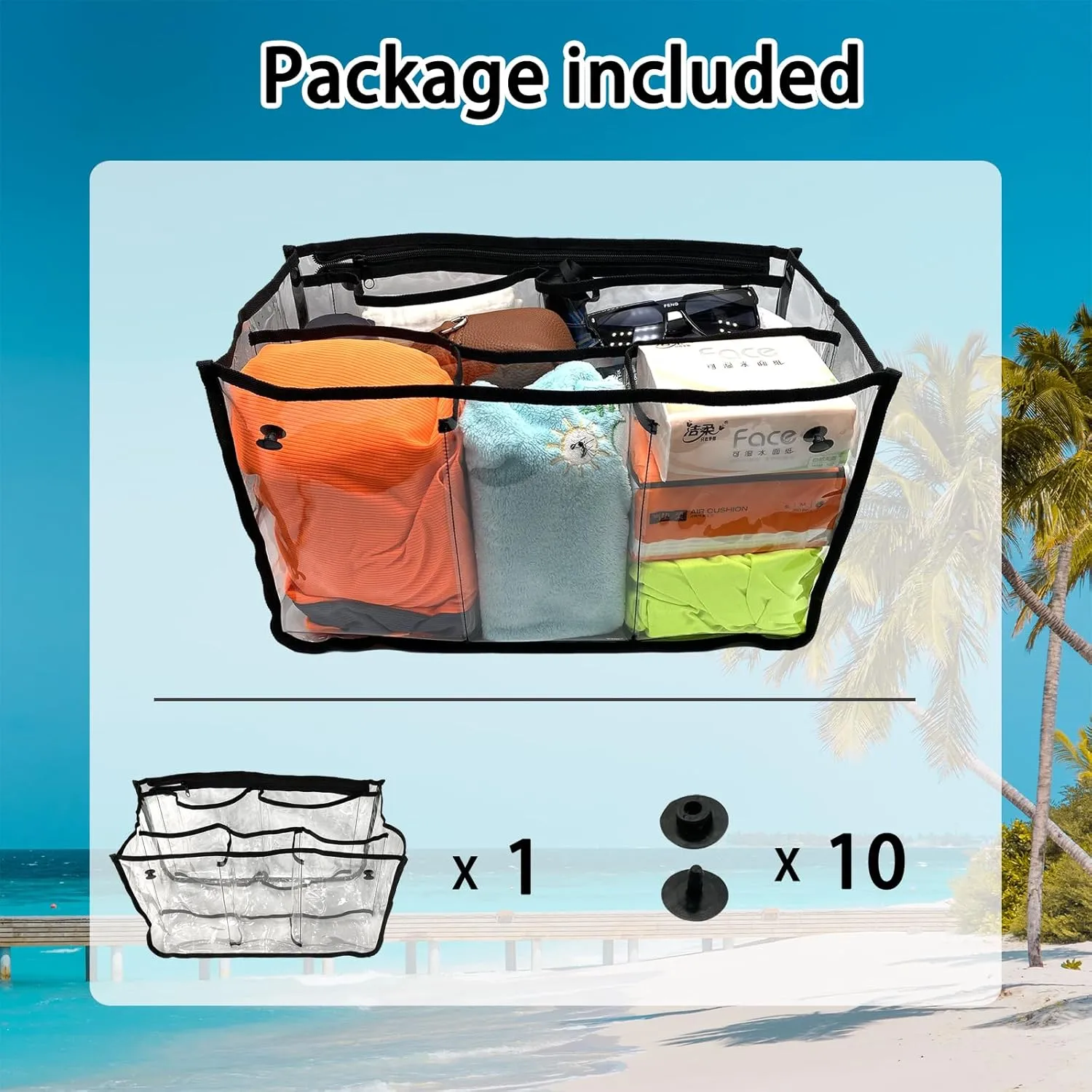 Clear Bogg Bag Organizer - X Large Bench Bag Insert Accessories Compatible with Bogg Bag - Waterproof Organizer Divider Pouch Zipper 5 Pockets Must Have Accessory (Black)