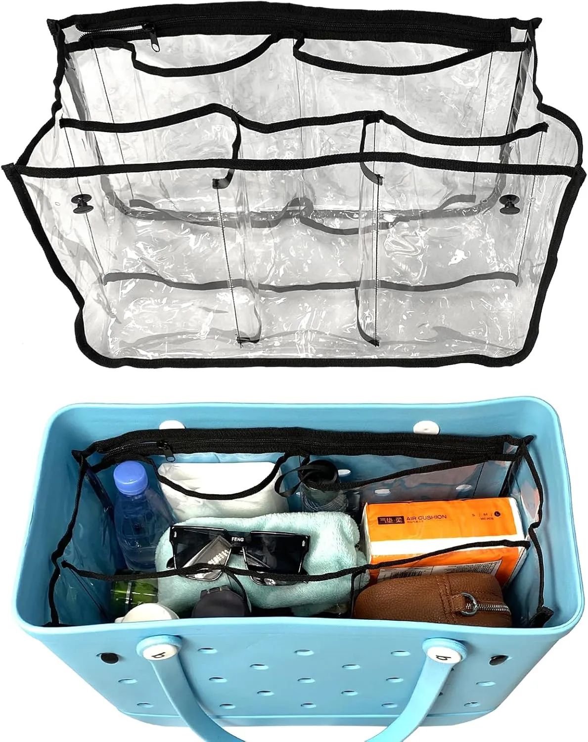 Clear Bogg Bag Organizer - X Large Bench Bag Insert Accessories Compatible with Bogg Bag - Waterproof Organizer Divider Pouch Zipper 5 Pockets Must Have Accessory (Black)