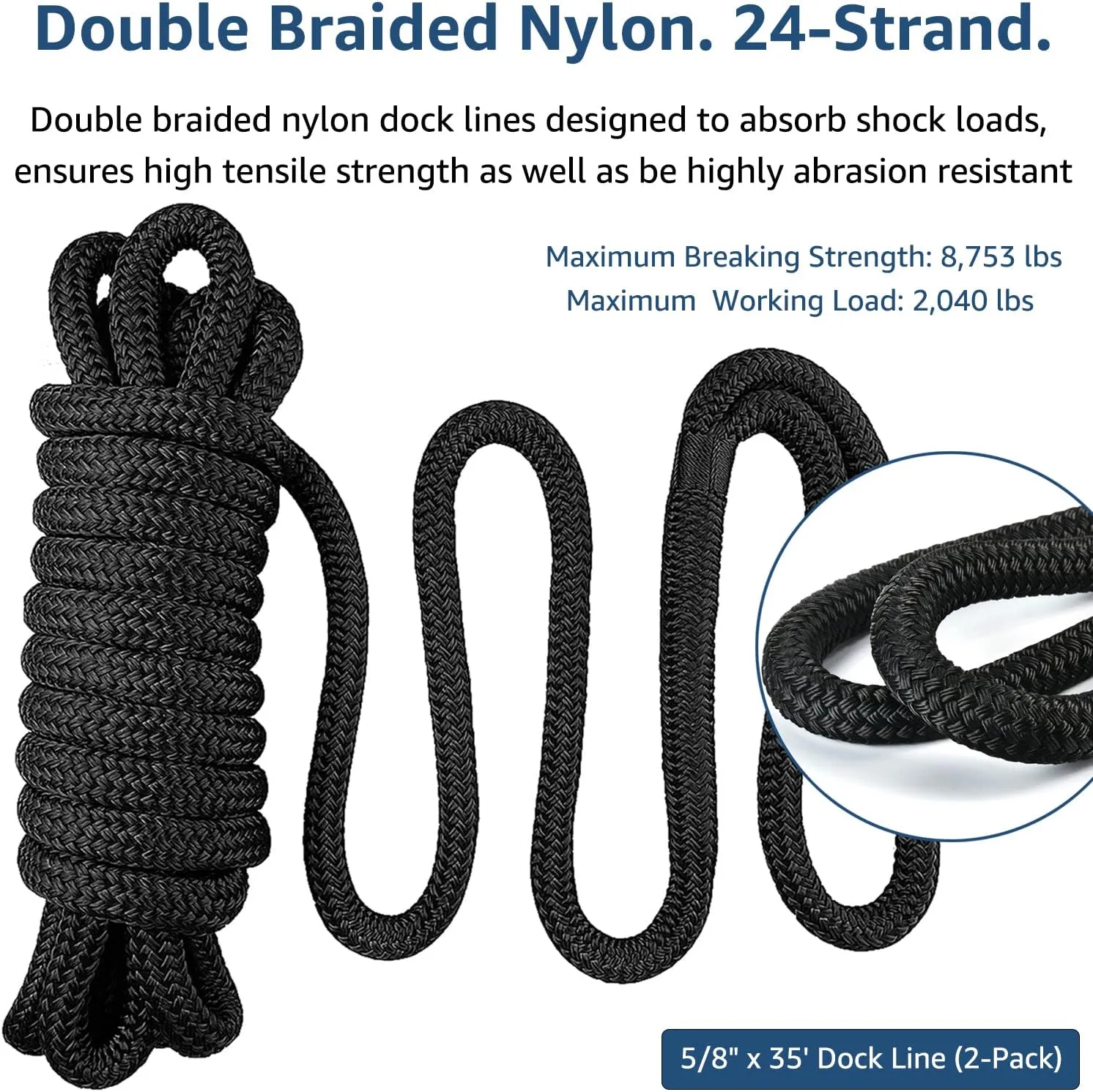 Dock Lines: 5/8" x 35' Double Braided Nylon Boat Ropes for Secure Docking with 16" Loop - Marine Grade Boat Rope - 2 Pack