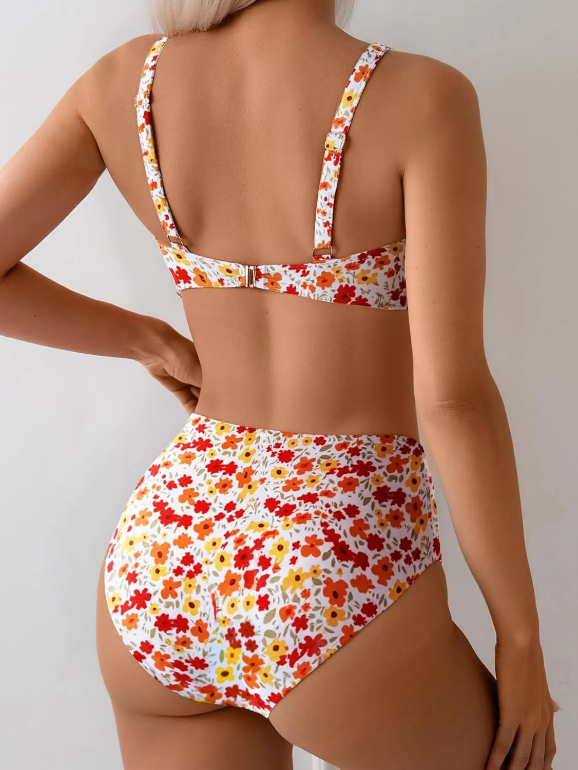 Fanuerg Women's High Waisted Bikini Sets Wide Straps Two Piece Swimsuit Floral Print Bathing Suits