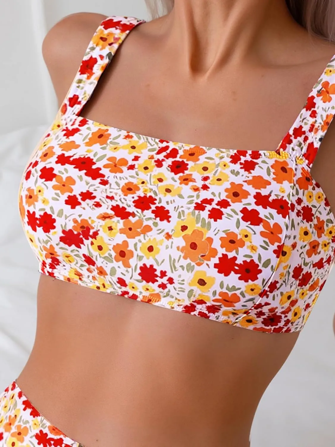 Fanuerg Women's High Waisted Bikini Sets Wide Straps Two Piece Swimsuit Floral Print Bathing Suits