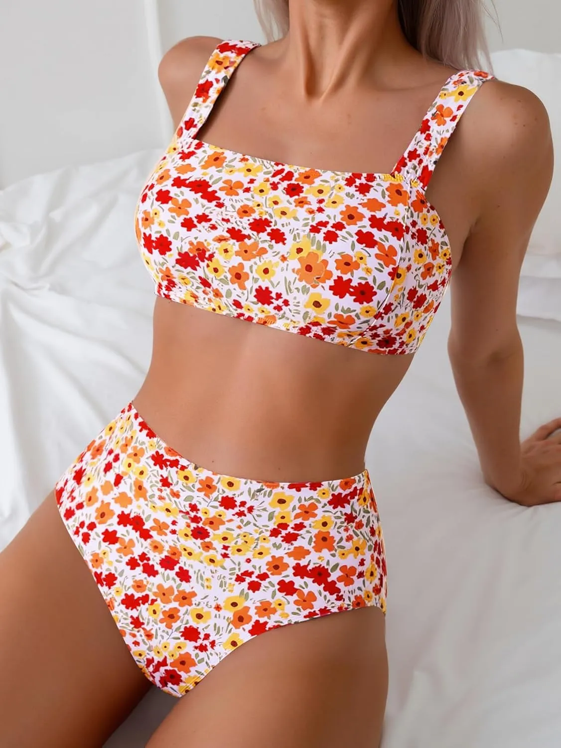 Fanuerg Women's High Waisted Bikini Sets Wide Straps Two Piece Swimsuit Floral Print Bathing Suits