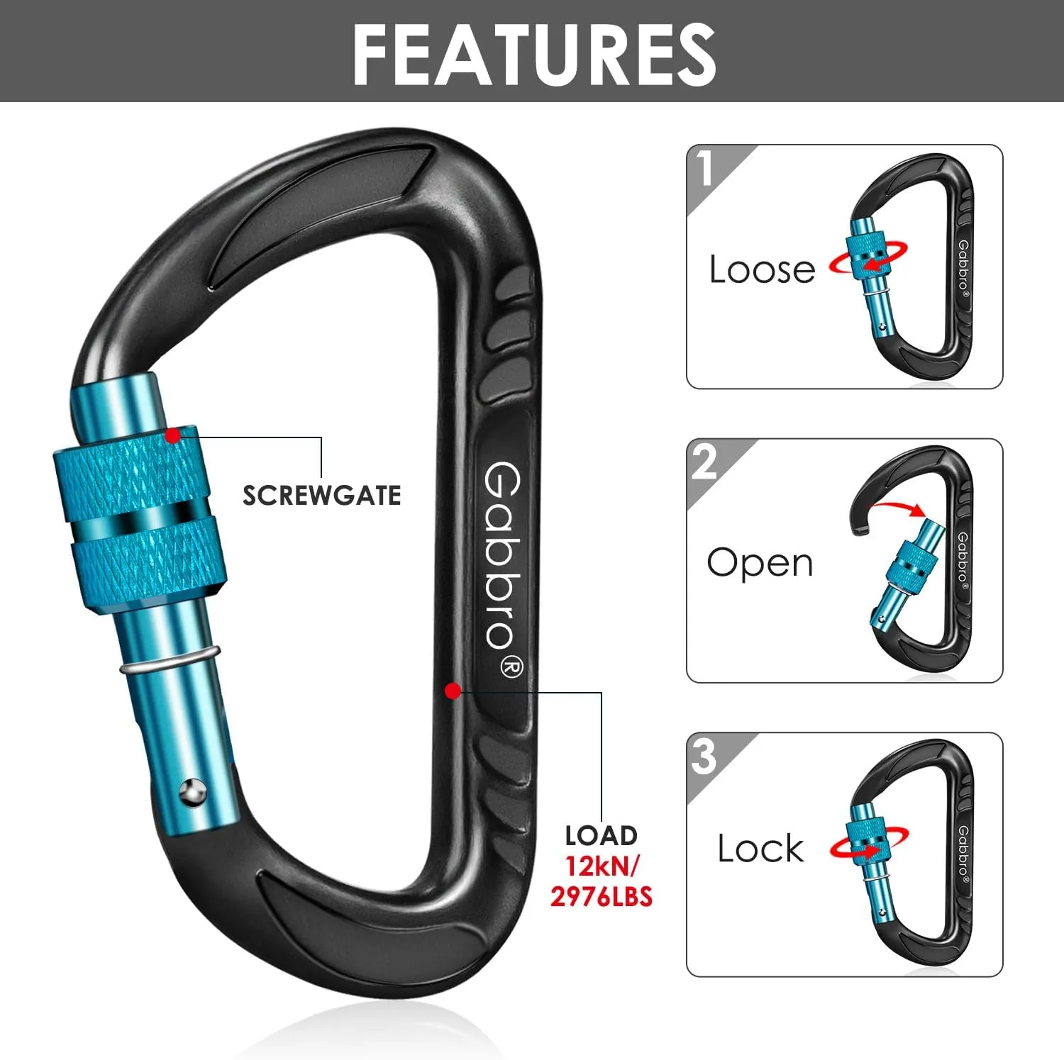 Gabbro Carabiner Clips Heavy Duty, | Wiregate Snap, Screw Locking, Aluminum, Lightweight Caribeener | for Hammock, Hiking, Camping, Water Bottle, Dog Leash Harness, Keychains