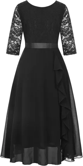 Girls Floral Lace Dress Easter Bridesmaid Vintage Formal Cocktail Party Swallowtail Swing Dresses 7-14 Years