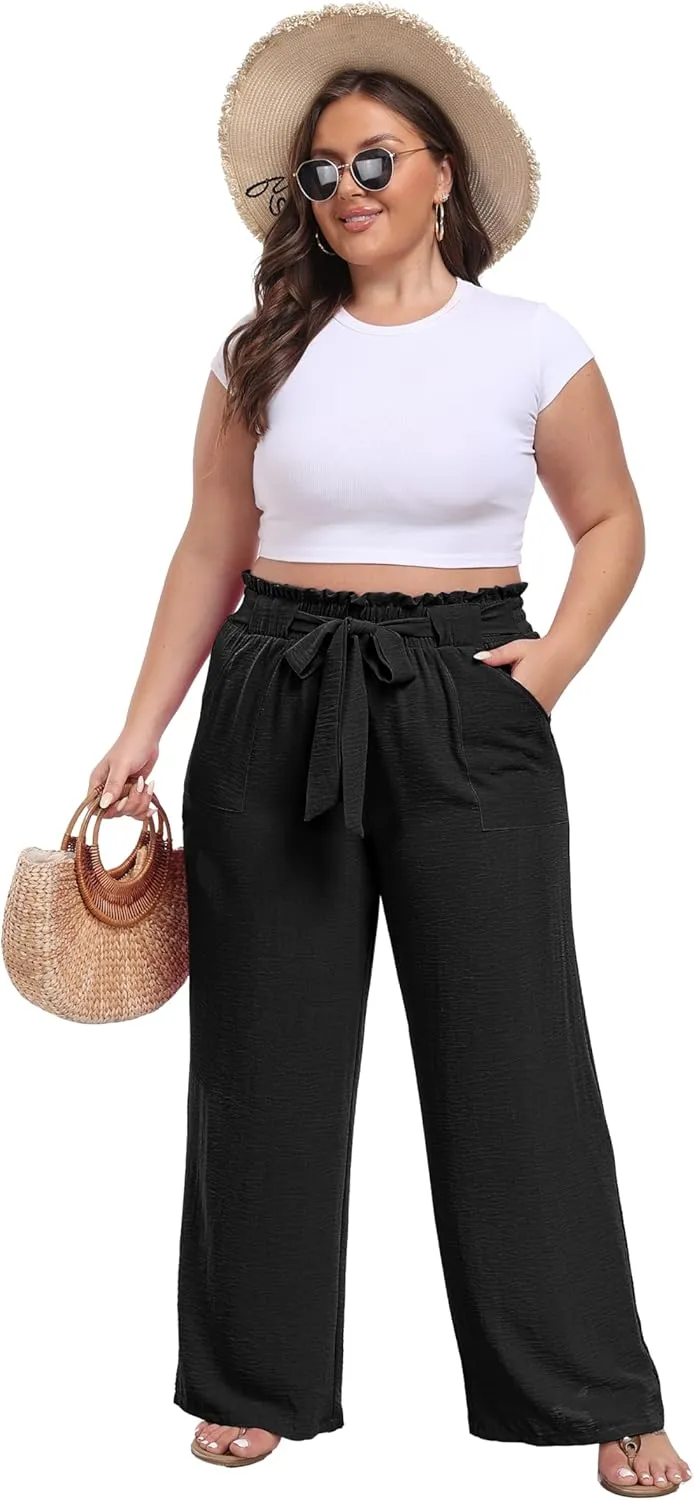 IWOLLENCE Women's Wide Leg Pants with Pockets High Waist Adjustable Knot Loose Casual Trousers Business Work Casual Pants