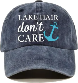 Lake Hair Don't Care Distressed Washed Blue Baseball Cap, Vintage Adjustable Cotton Cap, Retirement Gifts for Men Women, Gifts for Fishing Lovers, Lake Vacation Gifts for Mom Dad BFF