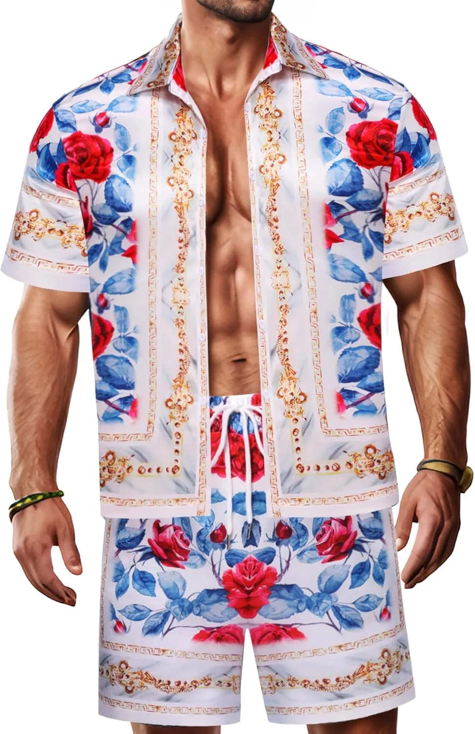 Mens Hawaiian Shirt Sets Satin Silk Casual Button Down Shirts 2 Piece Luxury Summer Beach Outfits for Men