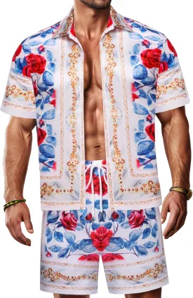 Mens Hawaiian Shirt Sets Satin Silk Casual Button Down Shirts 2 Piece Luxury Summer Beach Outfits for Men