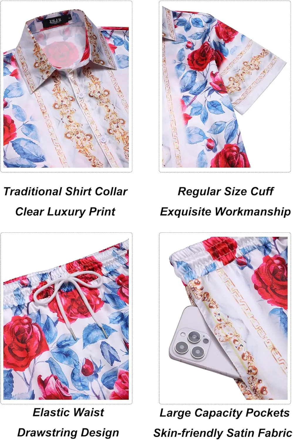 Mens Hawaiian Shirt Sets Satin Silk Casual Button Down Shirts 2 Piece Luxury Summer Beach Outfits for Men