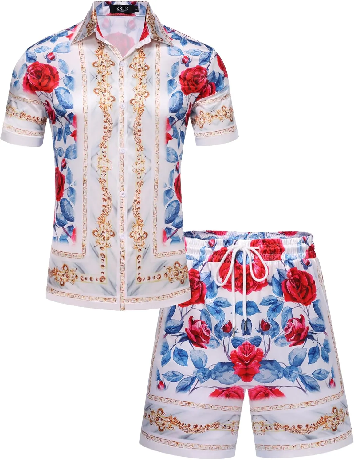 Mens Hawaiian Shirt Sets Satin Silk Casual Button Down Shirts 2 Piece Luxury Summer Beach Outfits for Men