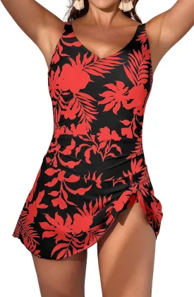One Piece Swim Dress Swimsuits for Women Tummy Control Swimdress Skirt V Neck Bathing Suit