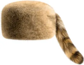 Raccoon Tail Hat for Women Men Faux Fur Coonskin Hat with Tail Flat Top Warm Winter Cap for Unisex Cold Weather Brown