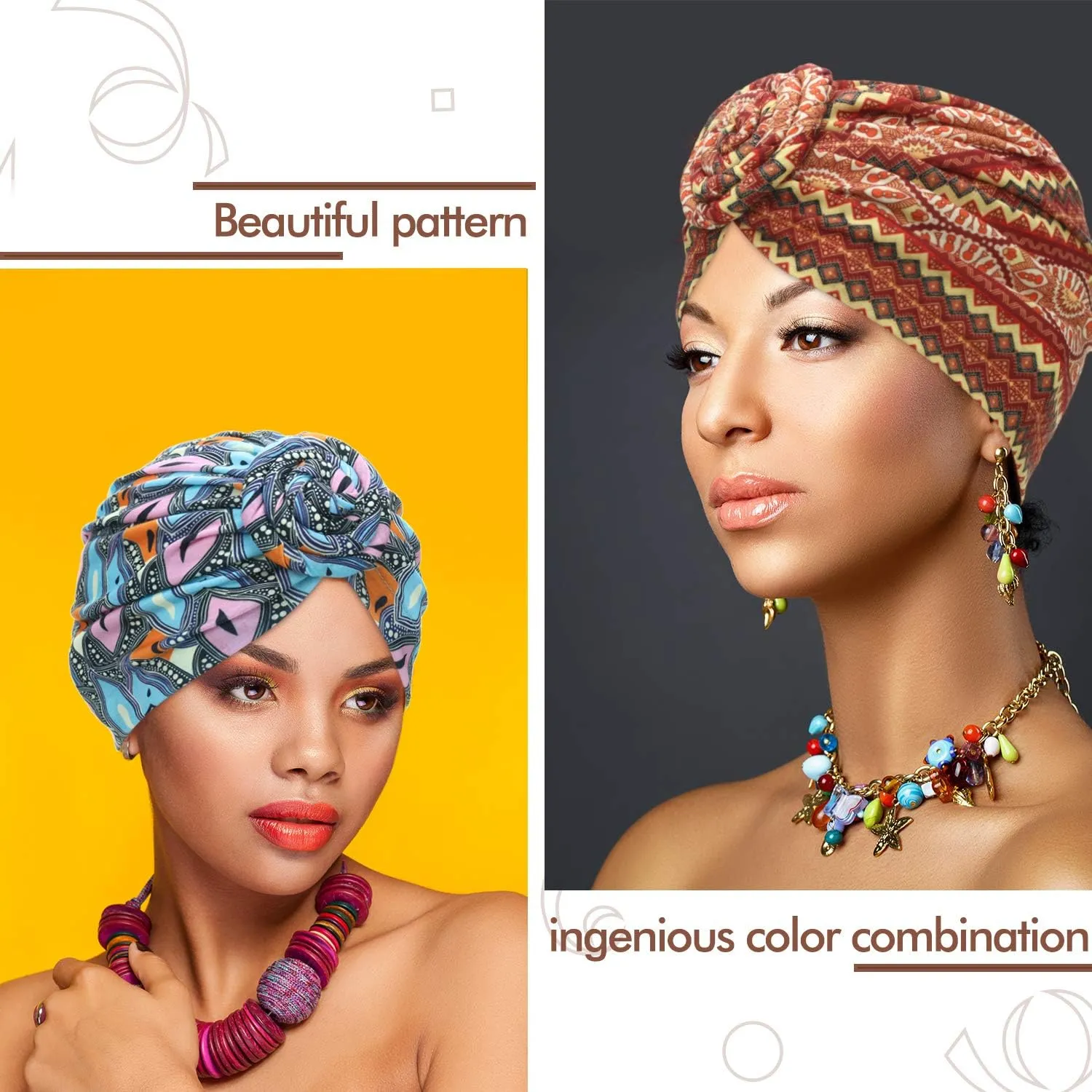 SATINIOR 4 Pieces African Pattern Headwrap Pre-Tied Bonnet Turban Knot Beanie Cap Headwrap Hat