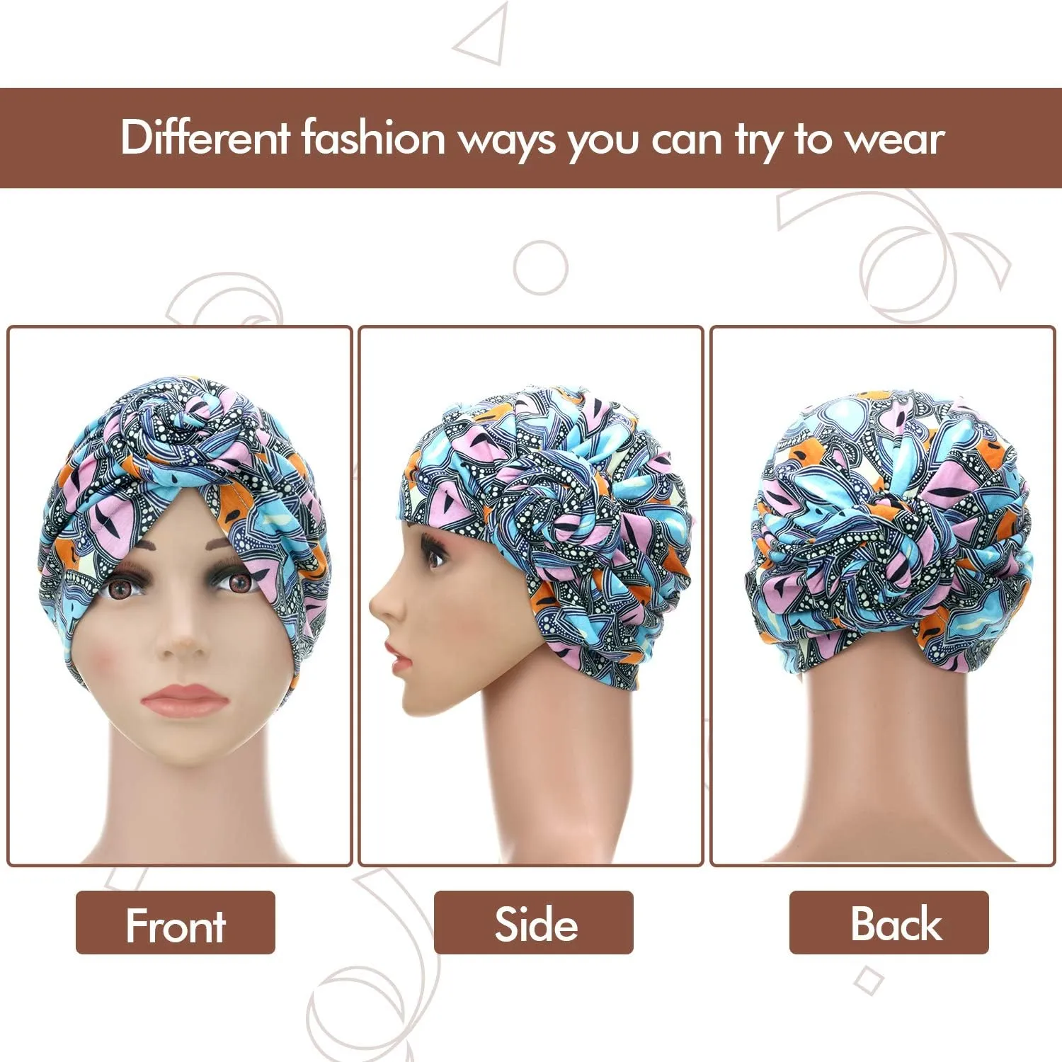 SATINIOR 4 Pieces African Pattern Headwrap Pre-Tied Bonnet Turban Knot Beanie Cap Headwrap Hat