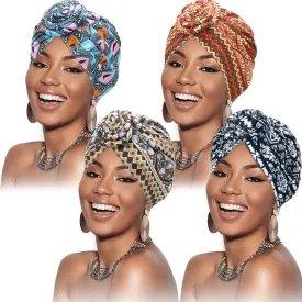 SATINIOR 4 Pieces African Pattern Headwrap Pre-Tied Bonnet Turban Knot Beanie Cap Headwrap Hat