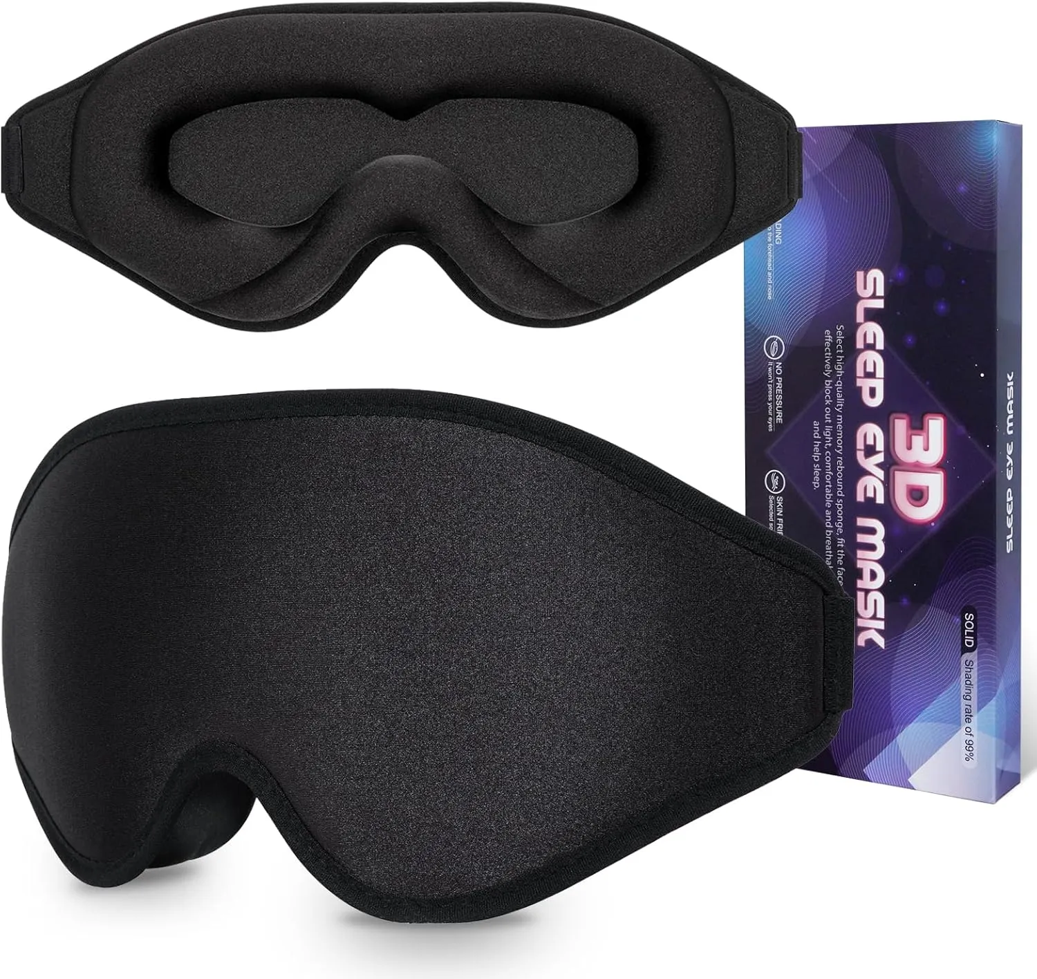 Sleep Mask 3D Eye Mask for Sleeping 100% Light Blocking Eye Covers with Adjustable Strap Night Blindfold for Men Women Memory Foam Black