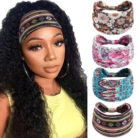 Wide Boho Headbands for Women Floral Print Twist Knot Elastic Non-Slip Womens Head Bands African Style Daily Life Yoga Sports Hair Wraps 4 Pack