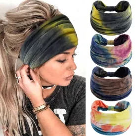 Wide Headbands for Women Knotted Non-Slip Tie Dye Womens Head Bands Boho African Stretchy Thick Head Wraps Bandanas for Women Yoga Workout 4 Pack