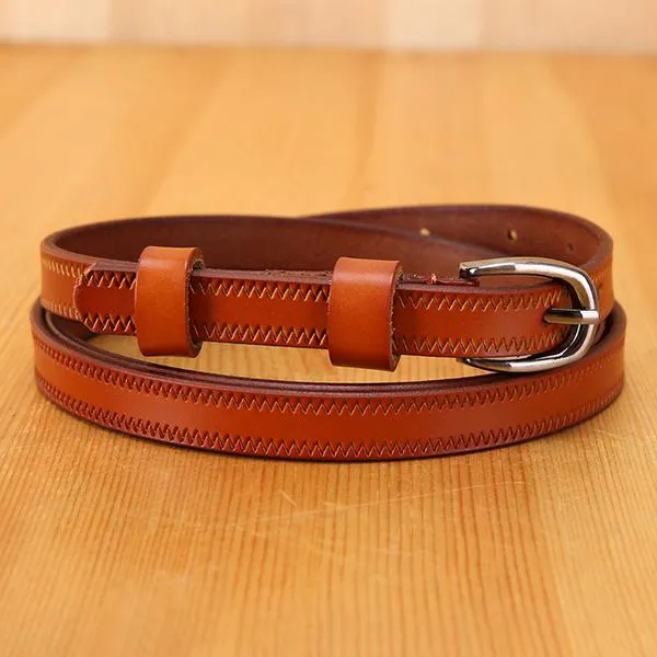 Women's Casual Retro Solid Color Pure Cowhide Thin Belt  25068284C