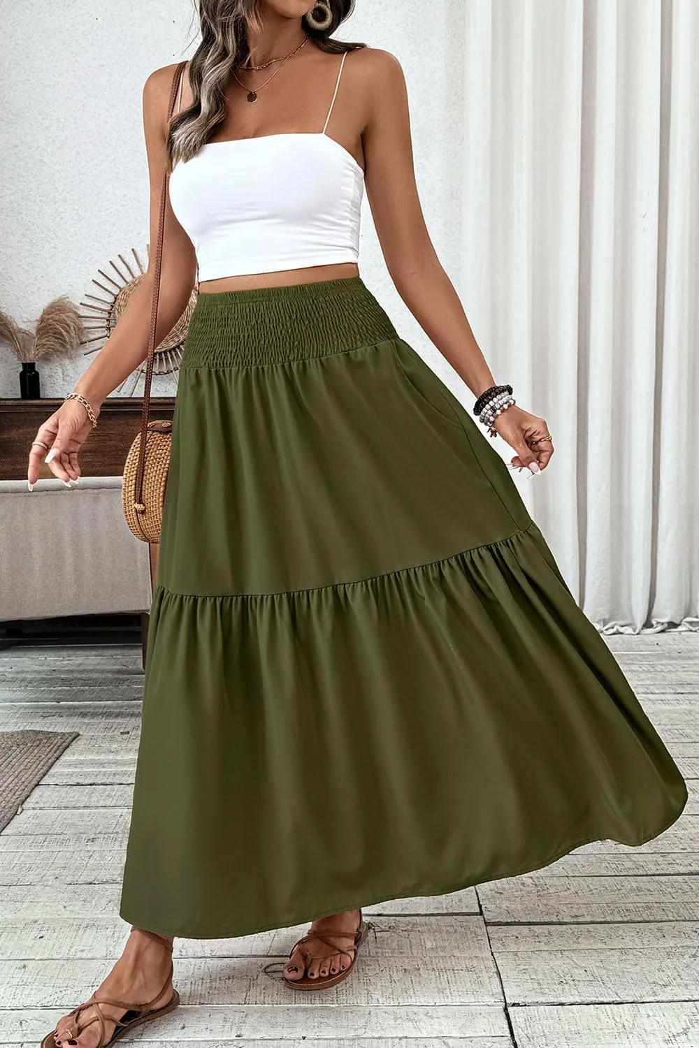 Women's Smocked High Waist Maxi Skirt Casual Boho Long Skirts with Pockets