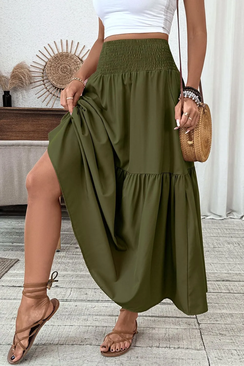 Women's Smocked High Waist Maxi Skirt Casual Boho Long Skirts with Pockets