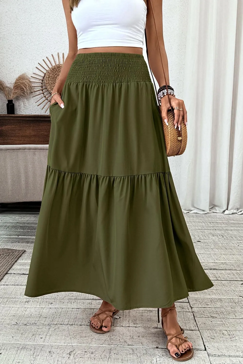 Women's Smocked High Waist Maxi Skirt Casual Boho Long Skirts with Pockets