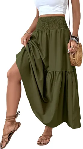 Women's Smocked High Waist Maxi Skirt Casual Boho Long Skirts with Pockets