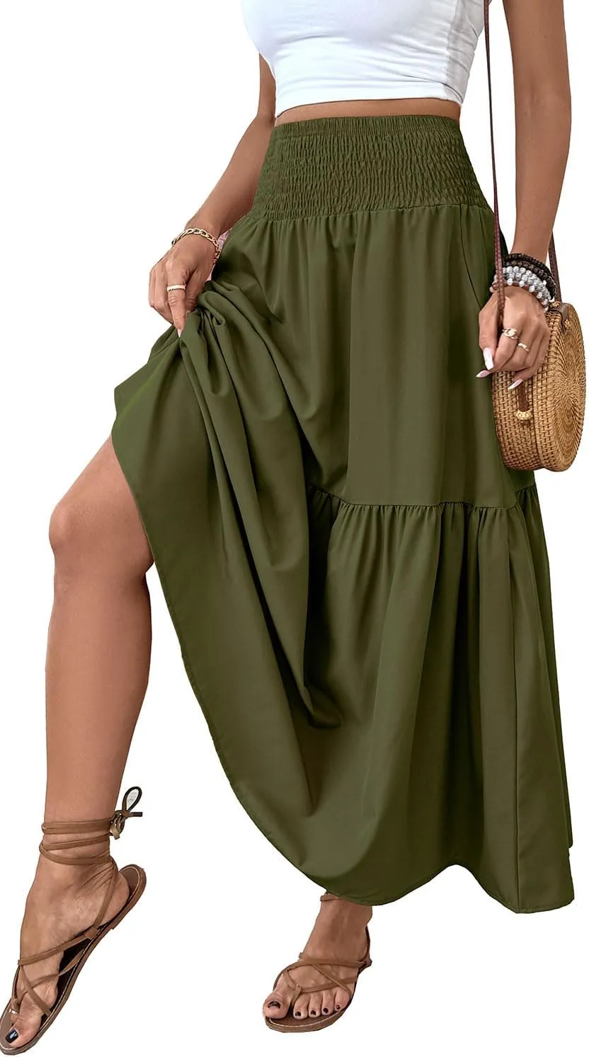 Women's Smocked High Waist Maxi Skirt Casual Boho Long Skirts with Pockets