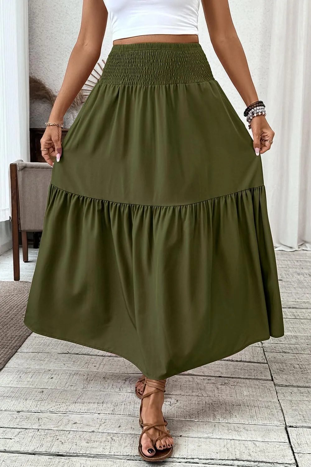 Women's Smocked High Waist Maxi Skirt Casual Boho Long Skirts with Pockets