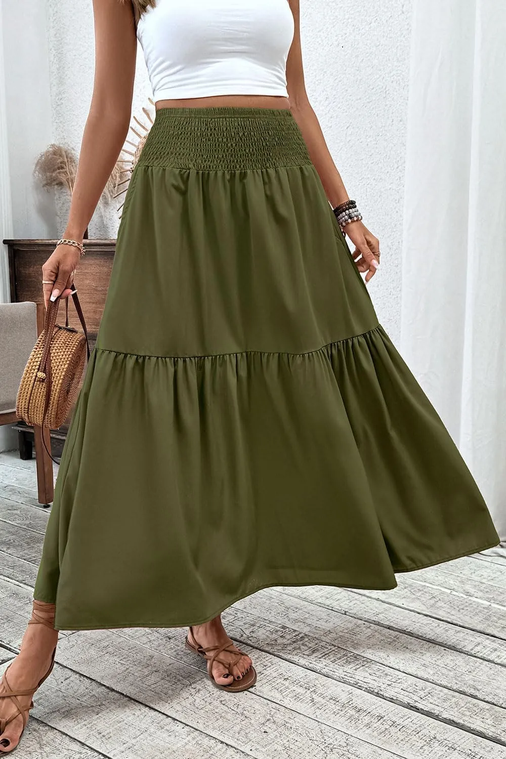 Women's Smocked High Waist Maxi Skirt Casual Boho Long Skirts with Pockets