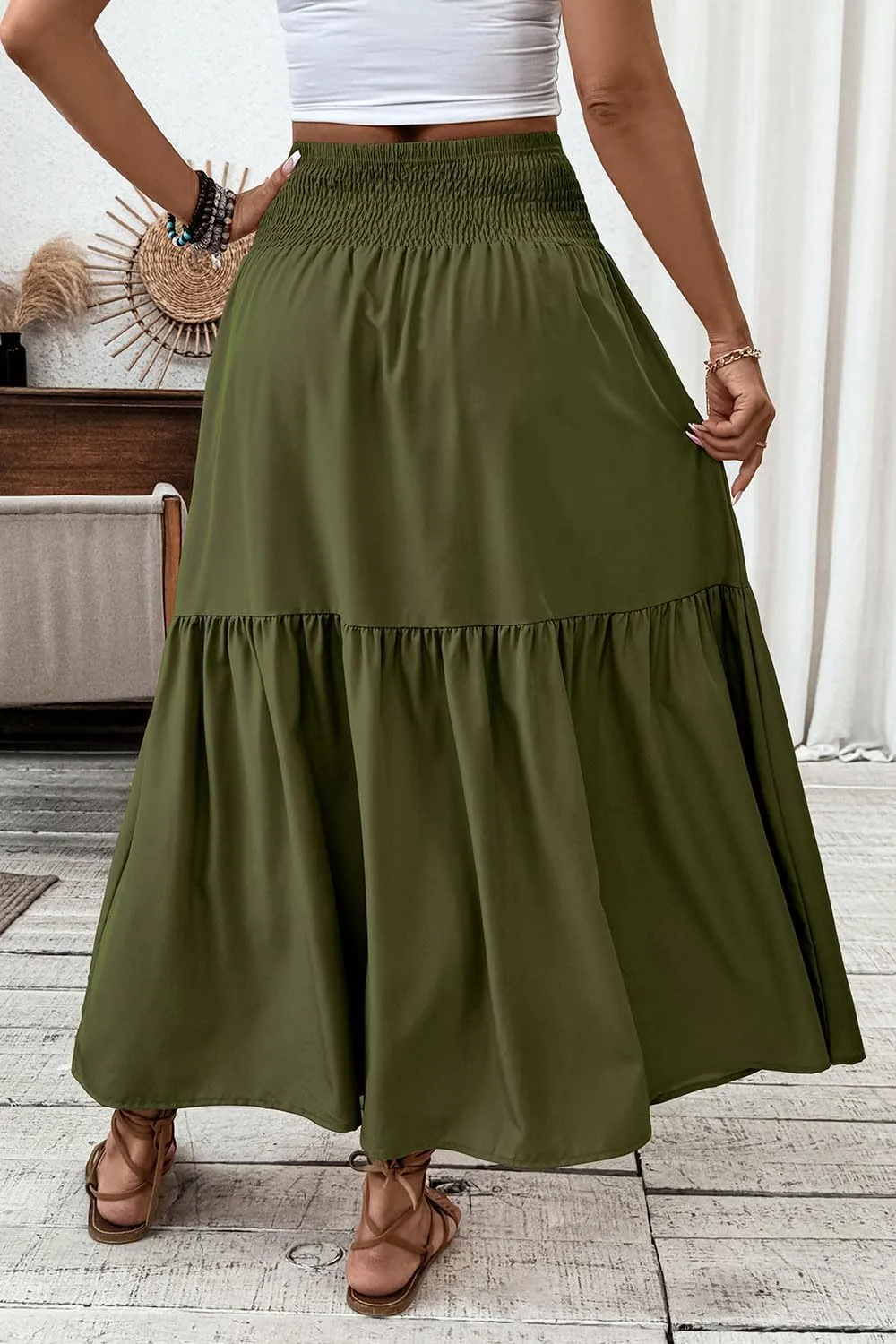 Women's Smocked High Waist Maxi Skirt Casual Boho Long Skirts with Pockets