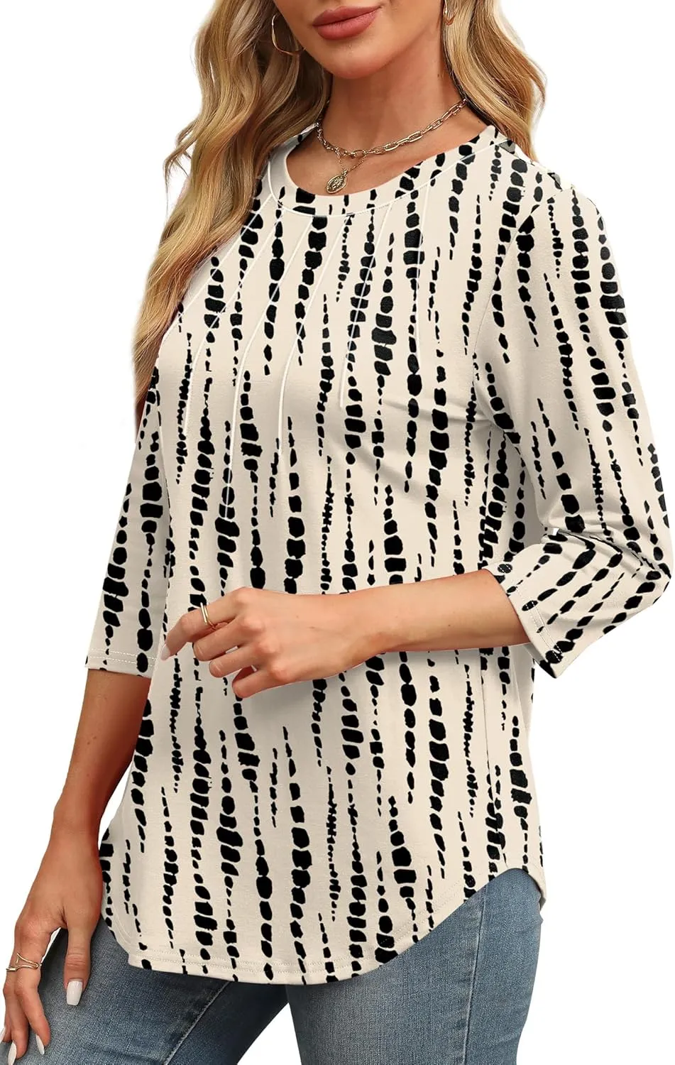 XIEERDUO 3/4 Length Sleeve Womens Tops Round Neck Casual Tunic Tops Basic Pleated Shirts Loose Fit 2025