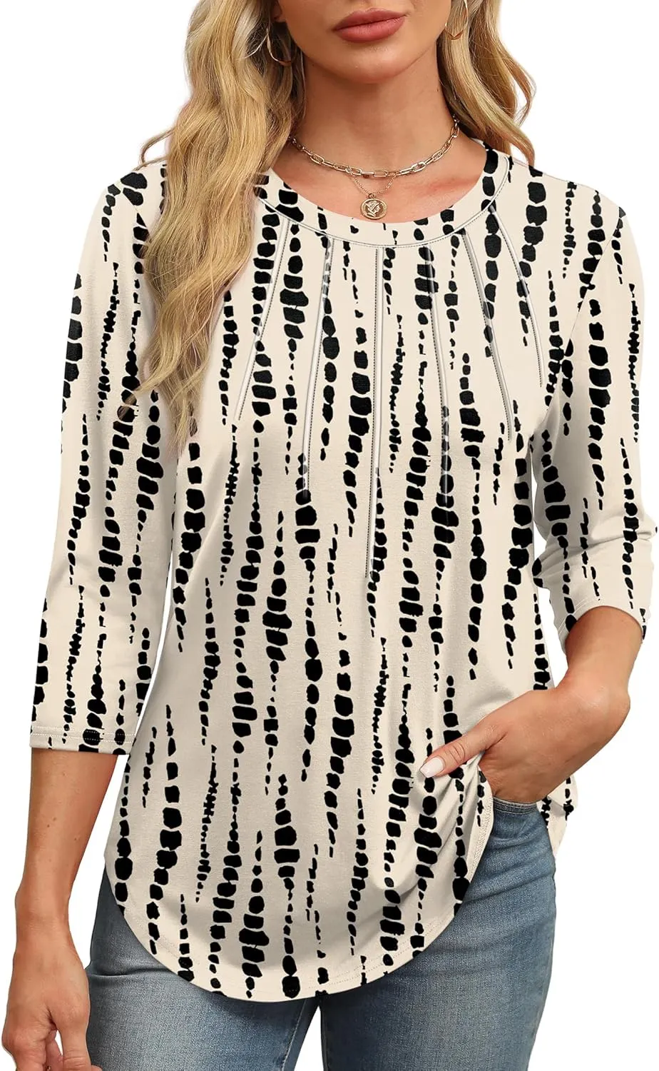 XIEERDUO 3/4 Length Sleeve Womens Tops Round Neck Casual Tunic Tops Basic Pleated Shirts Loose Fit 2025