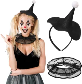 XunYee 2 Pcs Jester Hat Clown Costume for Women Mardi Gras Clown Headband Mesh Ruffle Neck Collar for Carnival Cosplay