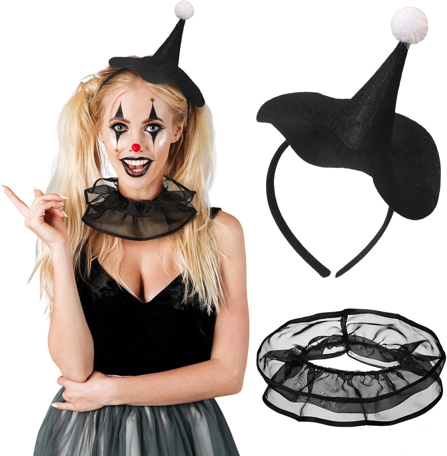 XunYee 2 Pcs Jester Hat Clown Costume for Women Mardi Gras Clown Headband Mesh Ruffle Neck Collar for Carnival Cosplay